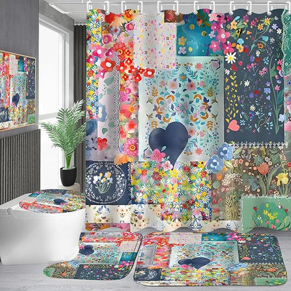 4-Piece Boho Floral Shower Curtain Bohemian Wildflower Design Bathroom Set with Shower Curtain and Rugs, Cute Fun Decorative Bath Set with Hooks for Home Decor
