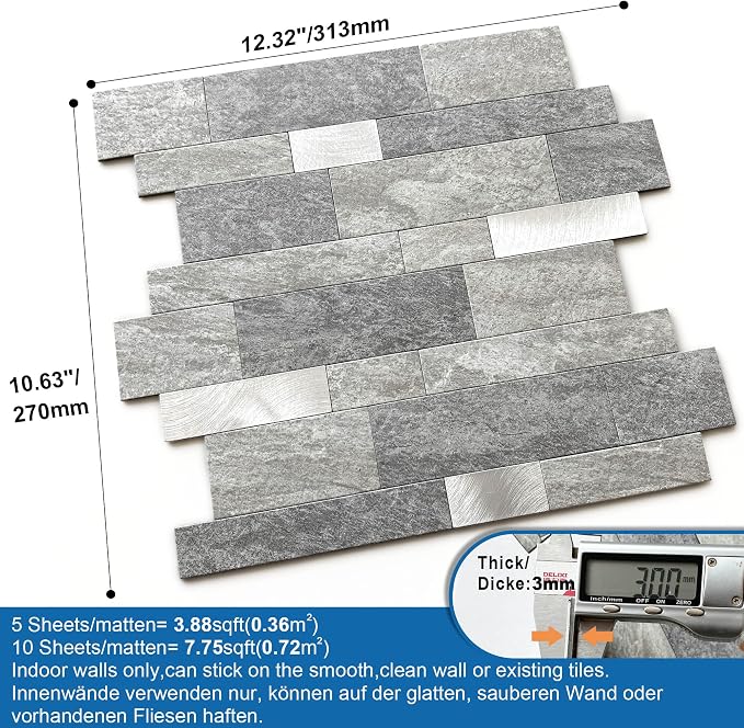 Stone Peel Stick Backsplash Tiles Kitchen Wall Gray Silver 5pcs
