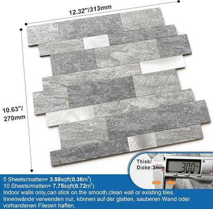 Stone Peel Stick Backsplash Tiles Kitchen Wall Gray Silver 10pcs