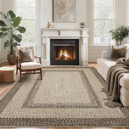 Imitation Braided Collection-Print Large Washable Rug 9x12 Non-Slip Rugs for Living Room, Natural Bordered Carpet, Stain Resistant Thin Foldable Floor Cover Bedroom for Nursery Dining Room