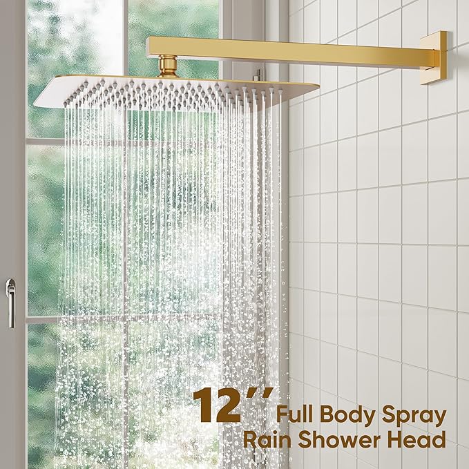 ESNBIA Gold Shower System, 12 Inches Shower faucet Set with Pressure Balance Shower Valve, High Pressure Gold Shower Head and Handle Set, Wall Mounted Shower Fixtures, Brushed Gold