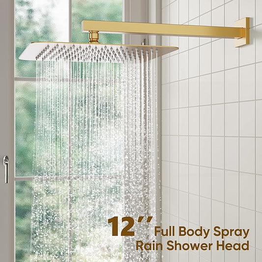 ESNBIA Gold Shower System, 12 Inches Shower faucet Set with Pressure Balance Shower Valve, High Pressure Gold Shower Head and Handle Set, Wall Mounted Shower Fixtures, Brushed Gold