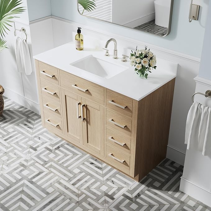 48-Inch Bathroom Vanity with Sink W/ 2 Doors & 8 Drawers & 1 Flip Drawer, Oak Vanity W/Brushed Nickel Handles