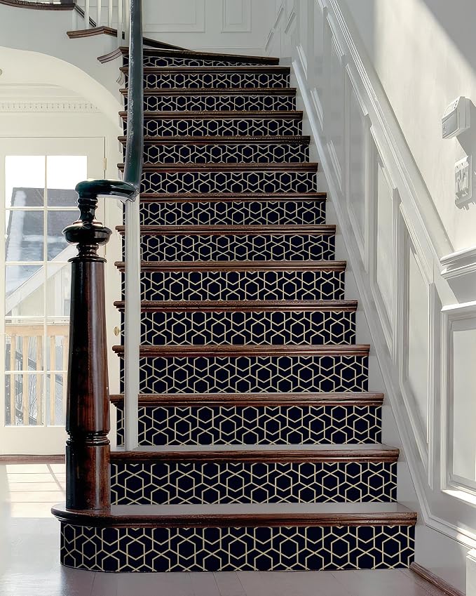 FLFK Rhombic Black and Gold Texture Stair Stickers - Set of 15, Peel and Stick Stair Riser Decals, 39.3"x7.08"