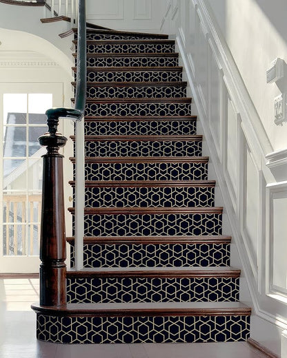 FLFK Rhombic Black and Gold Texture Stair Stickers - Set of 15, Peel and Stick Stair Riser Decals, 39.3"x7.08"