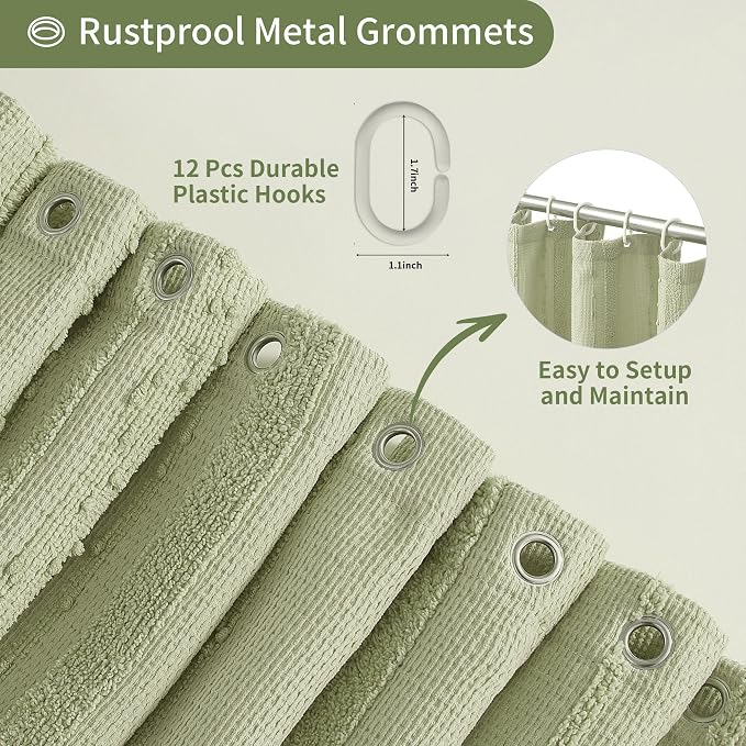 Sage Green Shower Curtain Boho, Cotton Blend Waffle Shower Curtain Farmhouse, Fabric Shower Curtains for Bathroom, Hotel, Washable 72 x 72