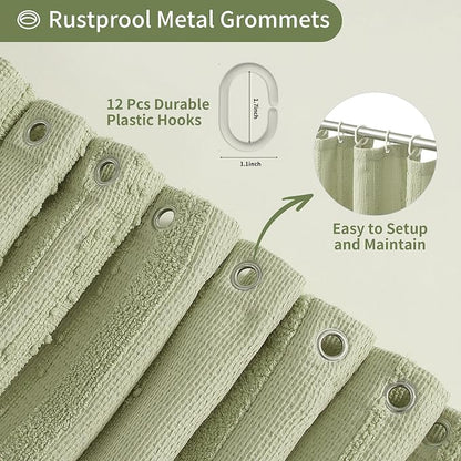Sage Green Shower Curtain Boho, Cotton Blend Waffle Shower Curtain Farmhouse, Fabric Shower Curtains for Bathroom, Hotel, Washable 72 x 72