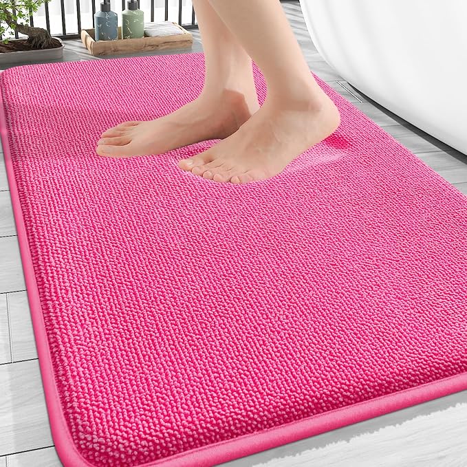 OLANLY Thick Memory Foam Bathroom Rugs 30x20, Absorbent Bath Mat, Hot Pink | Soft Quick Dry Bath Rugs, Non-Slip, Machine Washable Carpet for Bathroom Floor, Tub and Shower, Home Decor Accessories
