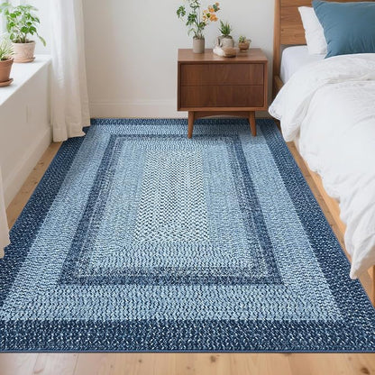 Washable Area Rugs 4x6 Rug for Living Room Indoor Mats for Entryway Soft Bedroom Rug Non Slip Modern Braided Print Area Rug Farmhouse Throw Rugs Low Pile Stain Resistant Carpet 4'x6' Blue