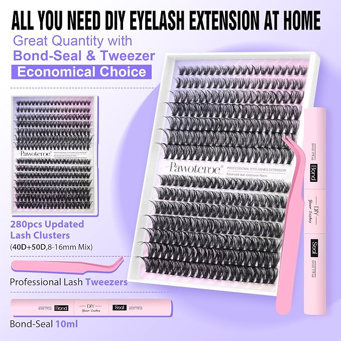 Lash Extension Kit Individual Lash Clusters Kit 40D 50D Eyelash Extension Kit 8-16mm Eyelash Clusters with Lash Bond and Seal, Lash Tweezers for Beginners (40D&50D, 0.07D, 8-16mm, Kit)