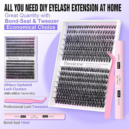 Lash Extension Kit Individual Lash Clusters Kit 40D 50D Eyelash Extension Kit 8-16mm Eyelash Clusters with Lash Bond and Seal, Lash Tweezers for Beginners (40D&50D, 0.07D, 8-16mm, Kit)