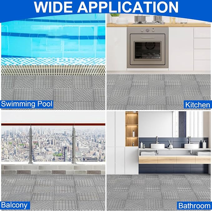 Modular Interlocking Cushion 12 Pack 11.8" x 11.8" Rubber Floor Tiles Non-Slip Splicing Drainage Mats for Deck, Pool, Shower, Patio, Balcony, Bathroom, Kitchen, Yard (2 Rows Dots, Gray)