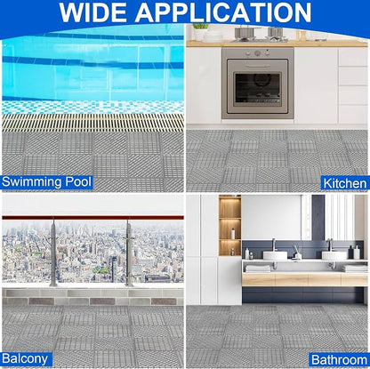 Modular Interlocking Cushion 12 Pack 11.8" x 11.8" Rubber Floor Tiles Non-Slip Splicing Drainage Mats for Deck, Pool, Shower, Patio, Balcony, Bathroom, Kitchen, Yard (2 Rows Dots, Gray)