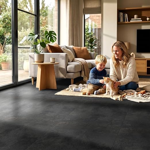 DEXDE Peel and Stick Floor Tile Black Waterproof Vinyl, 2FTx2FT 10 PC | Waterproof Self-adhesive Vinyl Tiles, 40 Sq.Ft (10 Large 24"x24" PC), Vinyl Flooring for Bathroom Kitchen DIY Upgrades