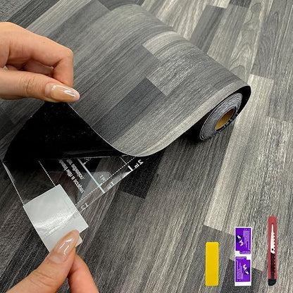 Countewol Stick Vinyl Flooring Roll, Dark Grey Spliced Wood Grain PVC Floor Sheet, Waterproof Scratch Resistant Self Adhesive Flooring for Indoor Home, Camper & Rental House