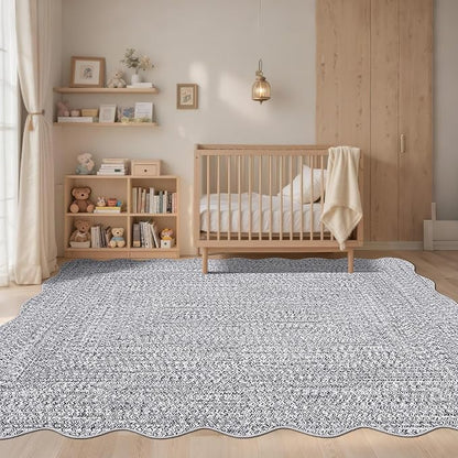 Imitation Braided Collection-Print Scalloped Area Rug 5x7 Washable Rug with Non Slip Rubber Backing Non Shedding Farmhouse Floor Cover, Ultra-Thin Foldable Carpet for Bedroom, Living Room