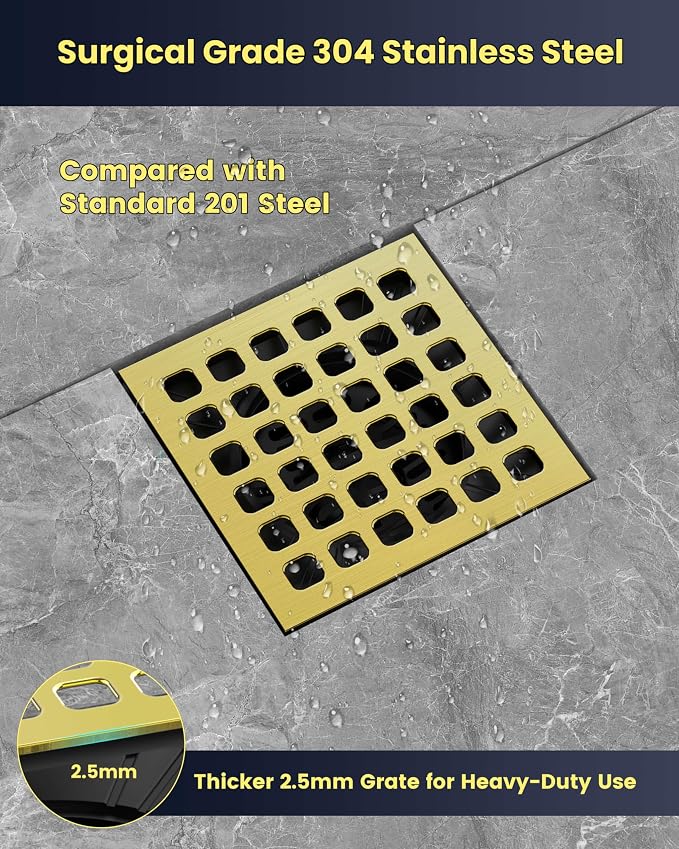 4" Shower Drain Kit Compatible with Schluter Kerdi, Premium 304 Stainless Steel Flange System, Exact Fit Alternative for Tile Floors, Includes Hair Strainer & Grate Opener, Brushed Gold