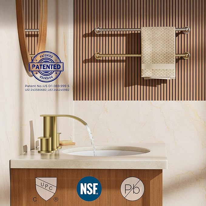 FORIOUS Upgrade Brushed Gold Bathroom Faucets 3 Hole, 8 Inch Widespread Waterfall Bathroom Sink Faucet Two Handle with CUPC Hose and Metal Pop-up Drain for Lavatory, Farmhouse, Rv Remodel