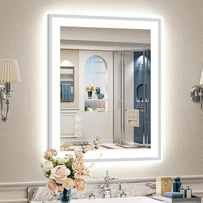 24x32 Inch Brushed Nickel LED Bathroom Mirror, Backlit & Front Lit | Silver Framed Anti-Fog Lighted Vanity Mirror with Lights, 3 Color Dimmable, Memory, HD Tempered Glass, CRI95, IP54, UL Listed