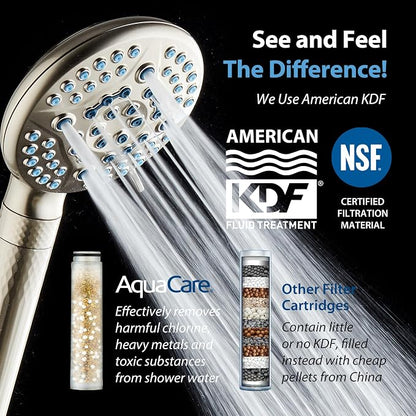 AquaCare 4X 10-Mode High Pressure Hand Shower w/Filter & 2-mode Power Wash | Filters Chlorine & Toxins, Softens Hard Water for Healthy Skin & Hair. Handheld Power Head Cleans Tub, Tile & Pets / Nickel