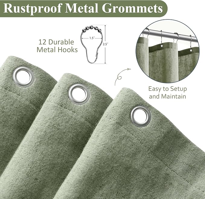 Long Shower Curtain 96 Length,72x96 Inch Long Linen Fabric Weighted Shower Curtain Set with Hooks, Tall Bohemian Farmhouse Cloth Bath Curtains for Bathroom,Sage Green