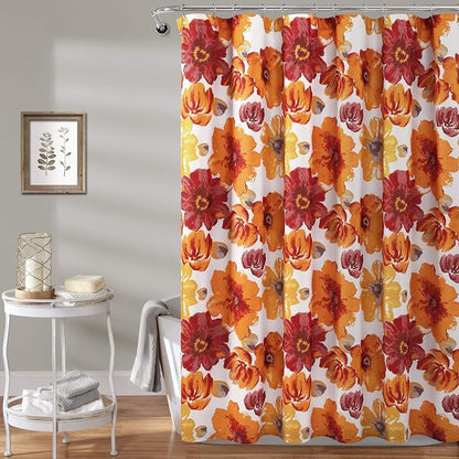 Lush Decor Leah Floral Shower Curtain, 72" W x 72" L, Red & Orange - Fabric Shower Curtains - Watercolor Botanical Bathroom Curtain - Farmhouse & French Country Decor