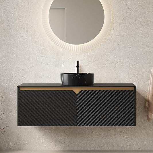 Bathroom Vanity with Sink 48 Inch, Floating Fluted Vanity with Vessel Sink, Modern Wall Mounted Bathroom Vanity Cabinet with 2 Doors, Black Ceramic Sink & Sintered Stone Top, Black