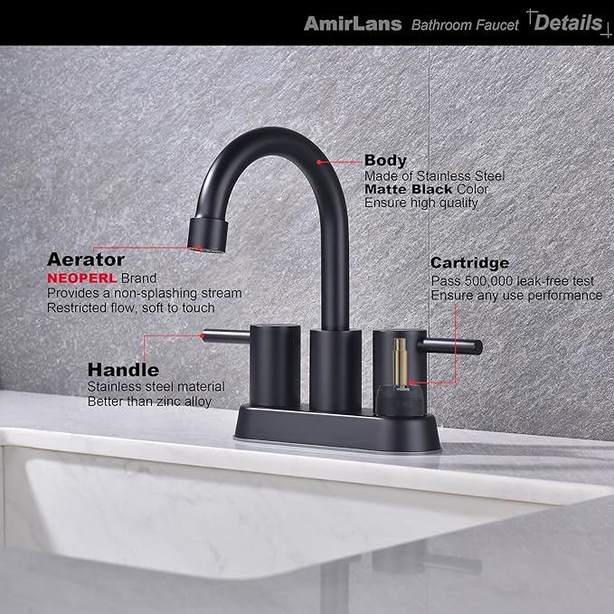 Matte Black Bathroom Faucet 2 or 3 Hole, 2 Handle 4 Inch Centerset Stainless Steel Bathroom Sink Faucet with Pop up Drain and Supply Lines, Black Faucet for Bathroom, Restroom, Vanity, Rv