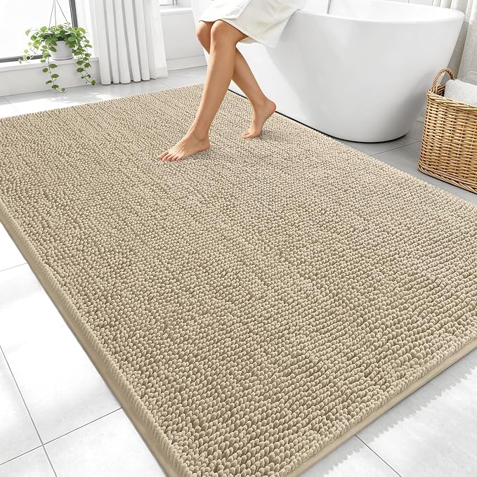 OLANLY Large Bathroom Rugs 70x46, Extra Soft Absorbent Chenille Bath Rugs | Beige, Quick-Drying Rubber Backing, Machine Washable Bath Mat for Bathroom Floor, Tub and Shower, Home Decor Accessories