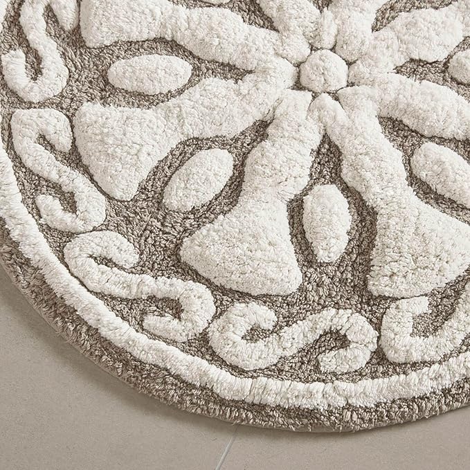 Madison Park Casablanca 100% Cotton Tufted Bathroom Rugs Luxurious Plush Medallion Floral Pattern Bath Mat Absorbent, Quick Dry, Spa Design Shower Room Décor, Round 25", Taupe