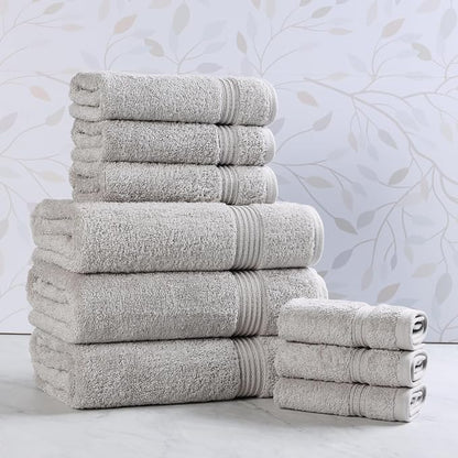 SUPERIOR Egyptian Cotton 9-Piece Towel Set, Assorted Towels for Home Bathroom, Guest Bath Decor Essentials, Includes 3 Bath, 3 Hand, 3 Face Towels/Washcloths, Quick Dry, Absorbent - Silver