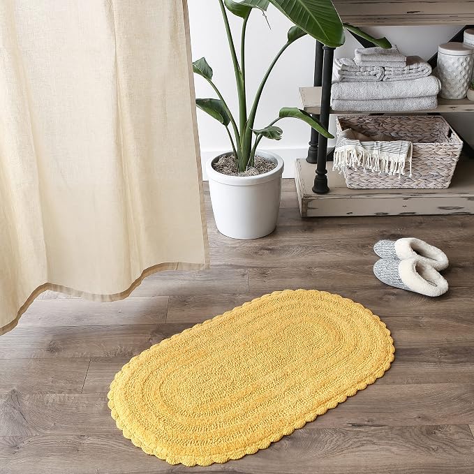 DII Crochet Collection Reversible Bath Mat, Large Oval, 21x34, Yellow