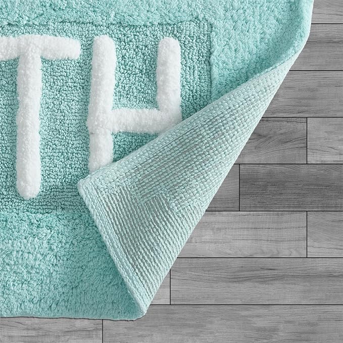 Creative Home Ideas Cotton Bath Rug - Soft Cotton Bath Mat - Bathroom Decor - Water Absorbent and Machine Washable - Measures 21"x34" - "Bath" - Aqua Blue
