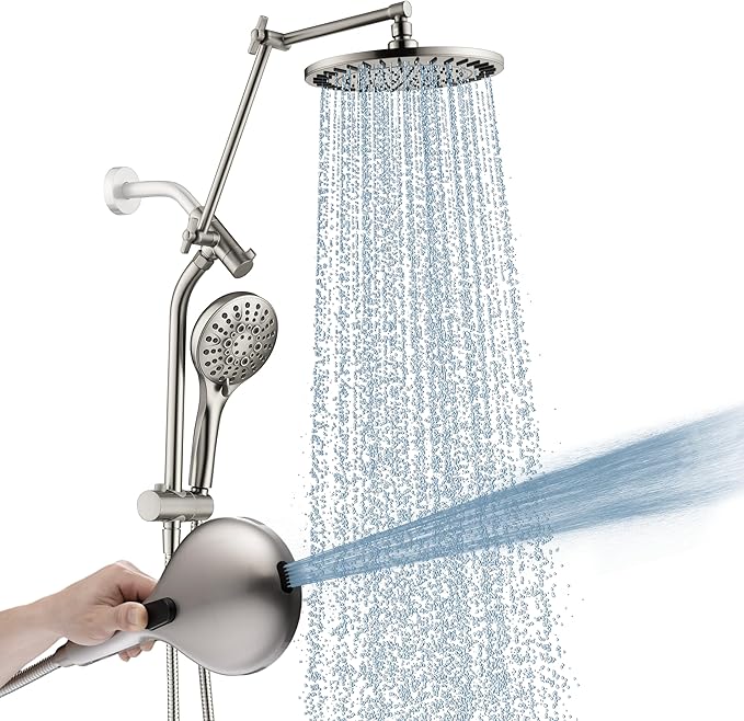 BRIGHT SHOWERS Rain Shower System with Handheld, High Pressure Dual Shower Head Combo, Power Wash, 9 Spray Modes, Adjustable Slide Bar & Extension Arm, 3-Way Diverter, 69" Long Hose, Brushed Nickel
