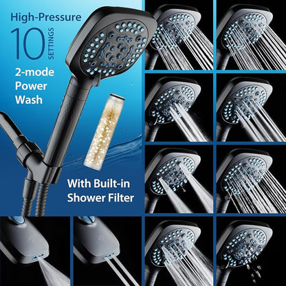AquaCare 4X 10-Mode High Pressure Hand Shower w/Filter & 2-mode Power Wash | Filters Chlorine & Toxins, Softens Hard Water for Healthy Skin & Hair. Handheld Power Head Cleans Tub, Tile & Pets / Black
