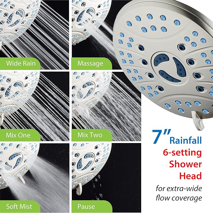AquaCare 50-mode High Pressure 7 inch Shower Head Combo w/Dual Power Wash | Hygienic Jets, 2-mode Handheld Power Wash for Tub, Tile & Pets, Long 6 ft. Stainless Steel Hose, Extra Wall Bracket / Nickel