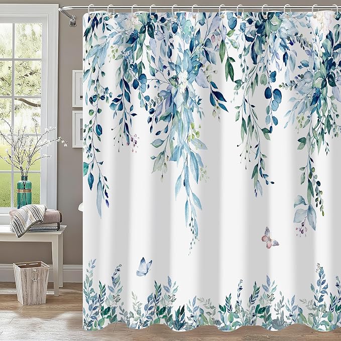 120GSM Shower Curtain Blue Eucalyptus Shower Curtains for Bathroom, Waterproof Leaf Shower Curtain Sets,Leaves Fabric Cloth Bathroom Curtains 72x72 inch with Hooks