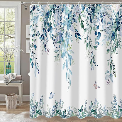 120GSM Shower Curtain Blue Eucalyptus Shower Curtains for Bathroom, Waterproof Leaf Shower Curtain Sets,Leaves Fabric Cloth Bathroom Curtains 72x72 inch with Hooks