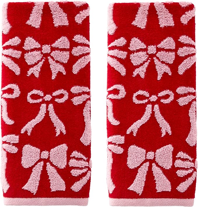 SKL Home Christmas Bow Hand Towel Set-2pc, 100% Cotton Jacquard, Red/Pink | 500 GSM. Soft, absorbent & reversible. For use in the bathroom, kitchen, or bar. Fun for Valentine's décor & holiday gifting.
