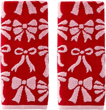 SKL Home Christmas Bow Hand Towel Set-2pc, 100% Cotton Jacquard, Red/Pink | 500 GSM. Soft, absorbent & reversible. For use in the bathroom, kitchen, or bar. Fun for Valentine's décor & holiday gifting.