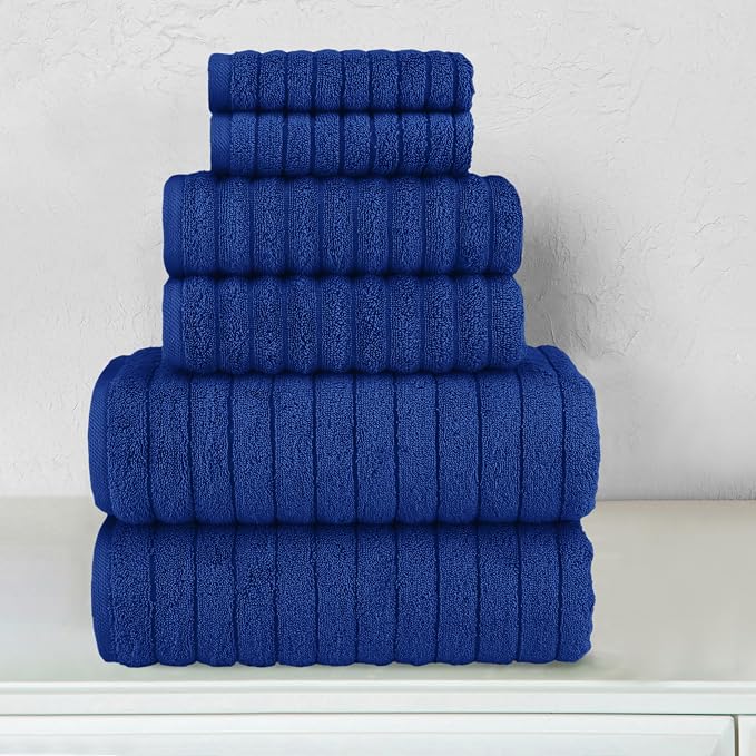 Elegant Comfort 100% Turkish Cotton Corduroy Ribbed Luxury Bath Towels 6-Piece Set, Premium Feel - Quick Dry, Highly Absorbent, Contains 2 Bath Towels, 2 Hand Towels, and 2 Washcloths, Royal Blue