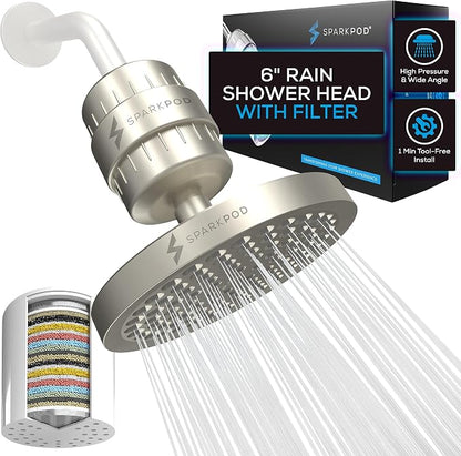 SparkPod Filtered Shower Head, 23-Stage, 6" Round, Brushed Nickel | Showerhead for Hard Water, High Pressure, Reduces Chlorine, Heavy Metals, For Dry Skin & Hair, Removable Capsule Filter