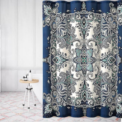 Serafina Home Boho Shower Curtain, Navy Teal White Mandala Floral Design, Fabric, 72 x 72 inches, Stain-Resistant, Paisley Pattern, with Hooks