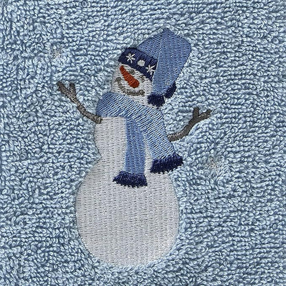 SKL Home Christmas/Winter Snowman Sled Hand Towel Set-2pc, Blue | 100% Cotton. Soft & absorbent terry with embroidery. Great for the bathroom, kitchen or bar & holiday gifting.