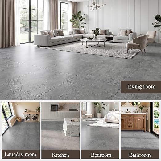 DEXDE Peel and Stick Floor Tile Dark Gray Waterproof Marble, 2FTx2FT 20 PC | Waterproof Self-adhesive Vinyl Tiles 80 Sq.Ft (20 Large 24x24 Pack), Vinyl Flooring for Bathroom Kitchen DIY Upgrades