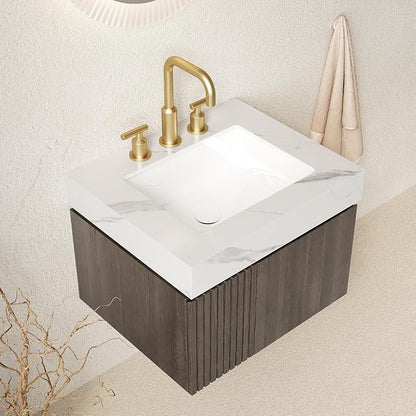 KEIKI 24 Inch Floating Bathroom Vanity with Sink, Espresso & White | Modern Wall Mounted Storage Cabinet with 2 Doors, Pre-assembled Wood Panels, Sintered Stone Top & Ceramic Basin Combo Set
