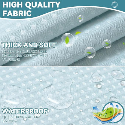 Conbo Mio No Hook Waffle Weave Shower Curtain with Snap in Liner Set, Hotel Luxury Blue Shower Curtains for Bathroom with See Through Top Window, Waterproof, Washable 71W x 74H