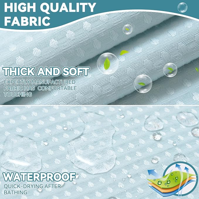 Conbo Mio Extra Long No Hook Waffle Weave Shower Curtain with Snap in Liner Set, Hotel Luxury Blue Shower Curtains for Bathroom with See Through Top Window, Waterproof, Washable 71W x 84H