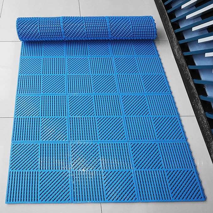 9 Pack Interlocking Rubber Floor Tiles Soft Non-Slip Outdoor Shower Mat with Drainage Holes for Slippery Areas, 12"×12" Blue