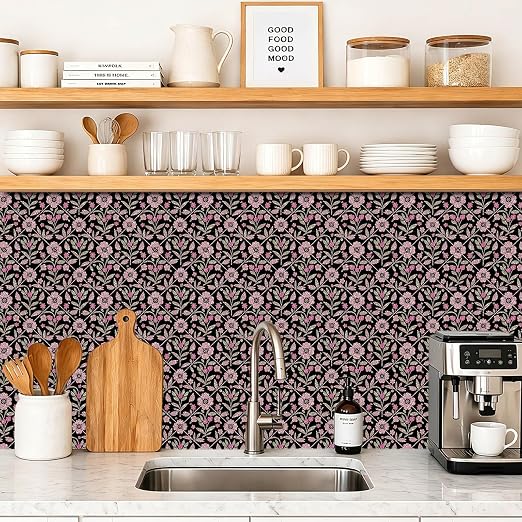 Black Pink Floral Peel and Stick Floor Tiles 12x12 Inch 10PCS | Pink floral vine pattern on a black background vinyl floor stickers for kitchen bathroom entryway and indoor home decor